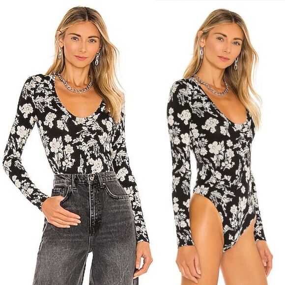 FREE PEOPLE Gotcha Bodysuit in Black & White Floral Medium - Picture 1 of 5